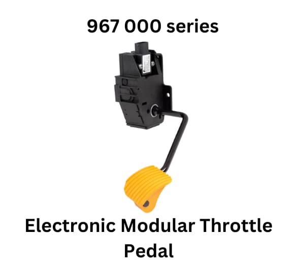 The 967 000 Series electronic modular throttle pedal by MCS ( Mobile Control System SA ) is featured, highlighting its innovative design 